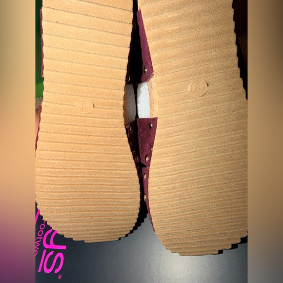 Stylish Burgundy Corkys Faux Suede Sandals - Picture 3 of 5